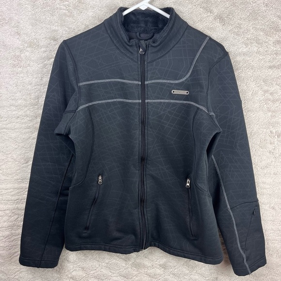 UNDER ARMOUR Womens Zip Up Jacket Black Geometric Print Fleece Neck - Picture 1 of 16